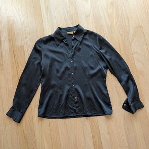 Caslon 100% Silk Button-Up Blue, Black, Green Blouse (Size Petite Medium)